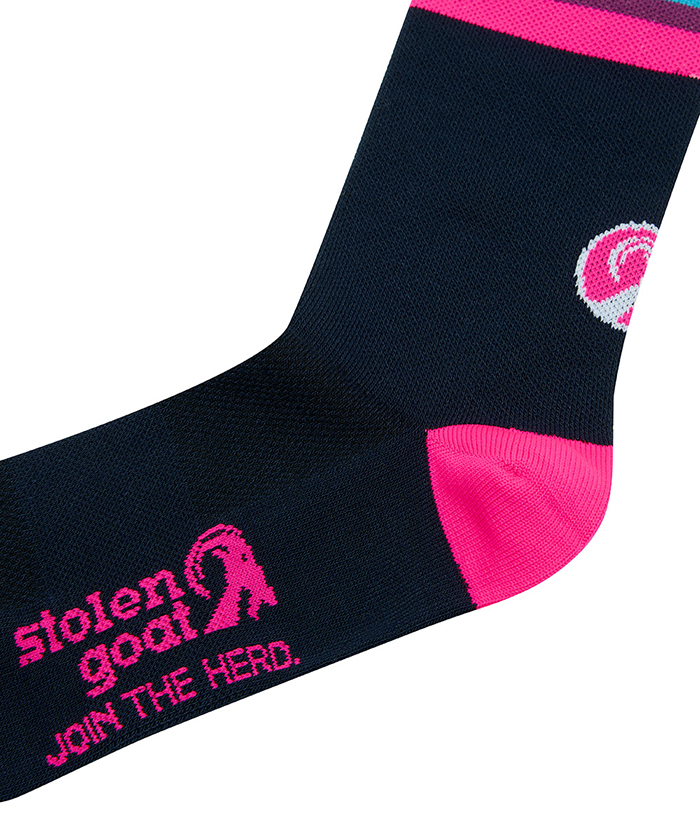 Blast black cycling sock with pink toe and heel and multi stripe
