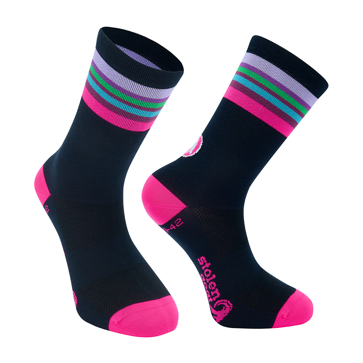 Stolen Goat Blast Coolmax cycling socks navy with pink toe and heel and pink purple green and blue stripe at ankle
