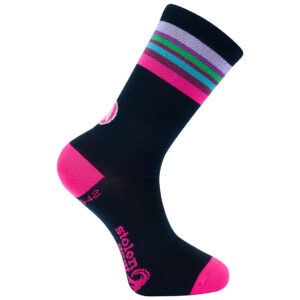 Stolen Goat Blast Coolmax cycling socks navy with pink toe and heel and pink purple green and blue stripe at ankle