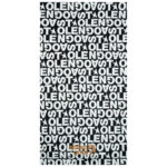 Stolen Goat legacy beach towel black with all over white 'stolen goat' typography print and gold stolen goat logo