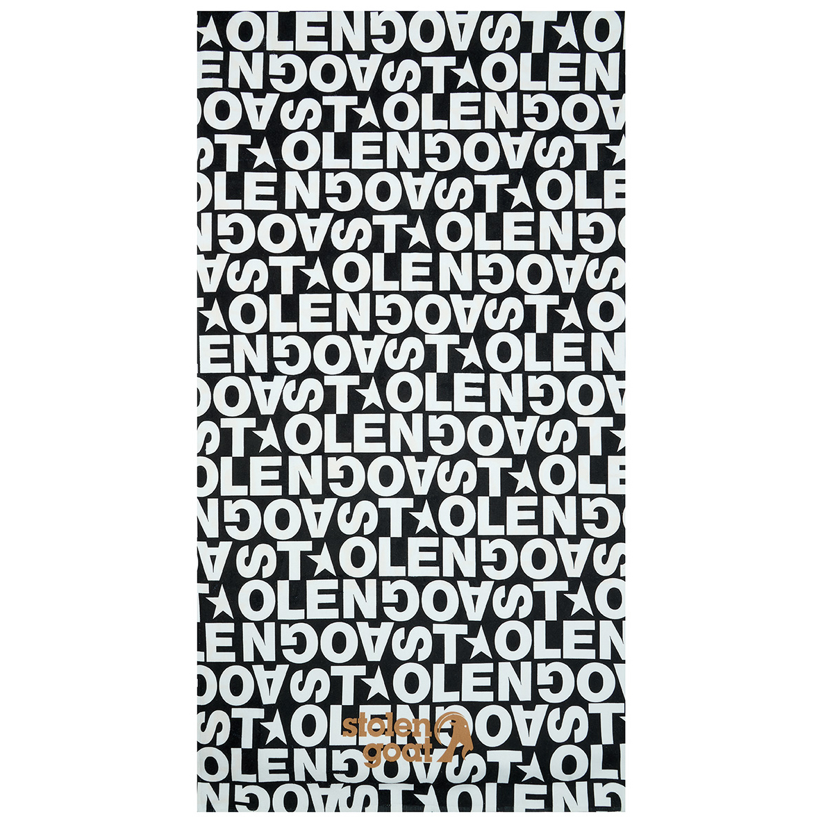 Stolen Goat legacy beach towel black with all over white 'stolen goat' typography print and gold stolen goat logo
