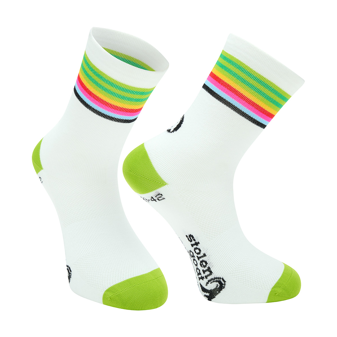 Stolen Goat Lithium crew length cycling socks white with green toe and heel and multi stripe at ankle