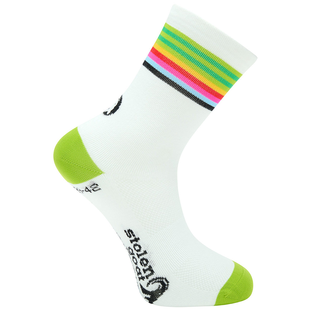 Stolen Goat Lithium crew length cycling socks white with green toe and heel and multi stripe at ankle