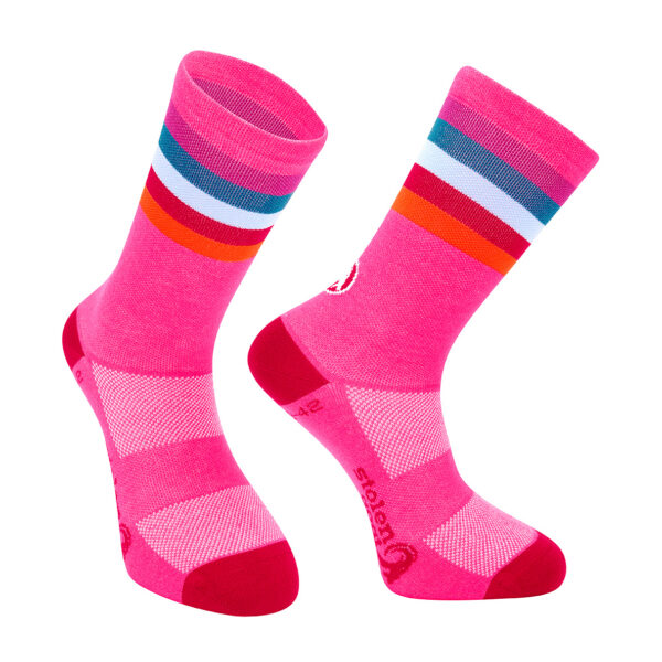 Stolen Goat pink misty cycling socks bright pink with rainbow stripe at ankle