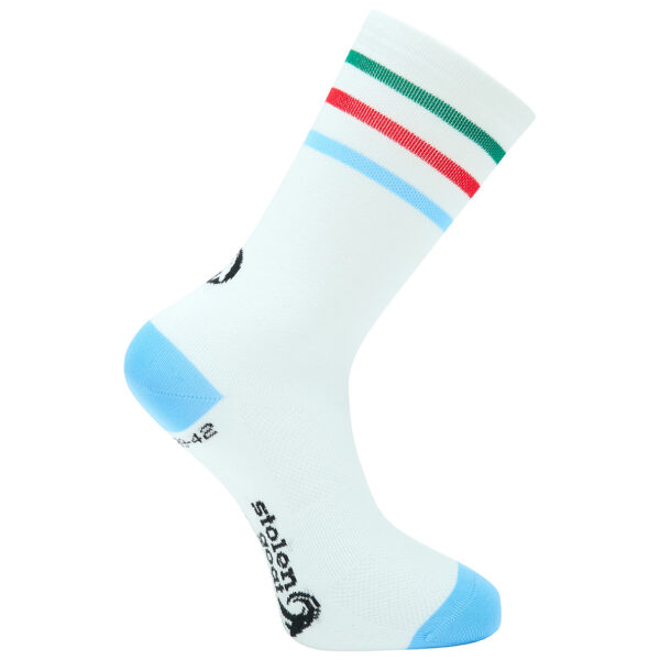 Stolen Goat Turin white cycling socks with blue toe and heel and blue red and green breton stripe at ankle