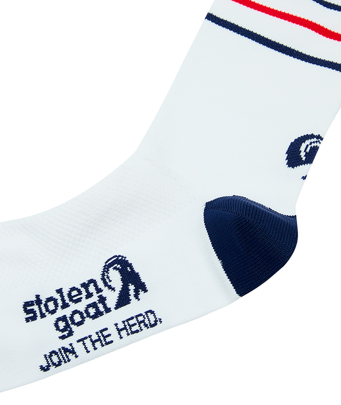 Close up of Vulcan Kalahari sock white with navy toe and heel and navy and red thing stripe at the ankle