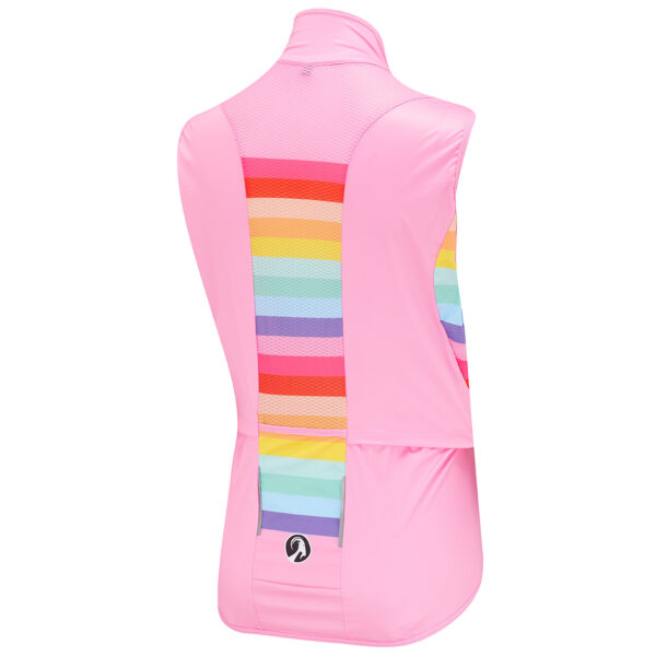 Rear view of Stolen Goat women's arcadia pink and rainbow stripe cycling gilet