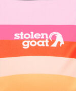 Close up of white Stolen Goat logo on front of women's Arcadia ibex gilet