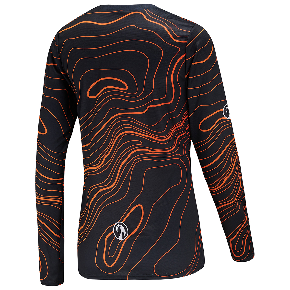 Rear view of Stolen Goat women's Topo mountain bike jersey black long-sleeved jersey with orange topographical design