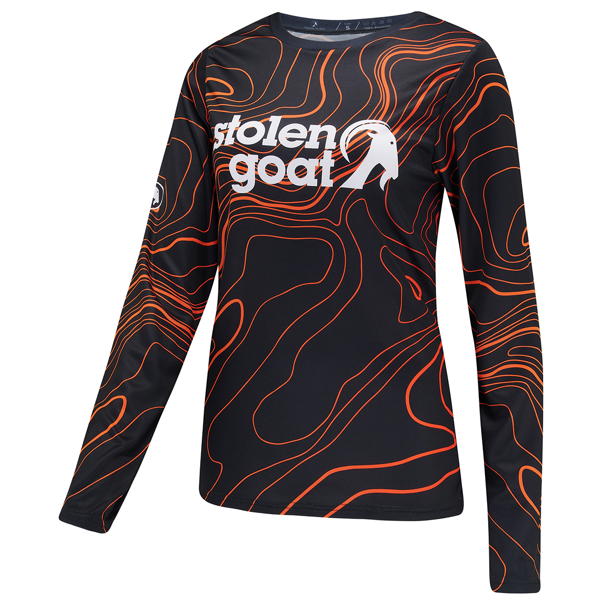 Stolen Goat women's Topo mountain bike jersey black long-sleeved jersey with orange topographical design and white central stolen goat logo