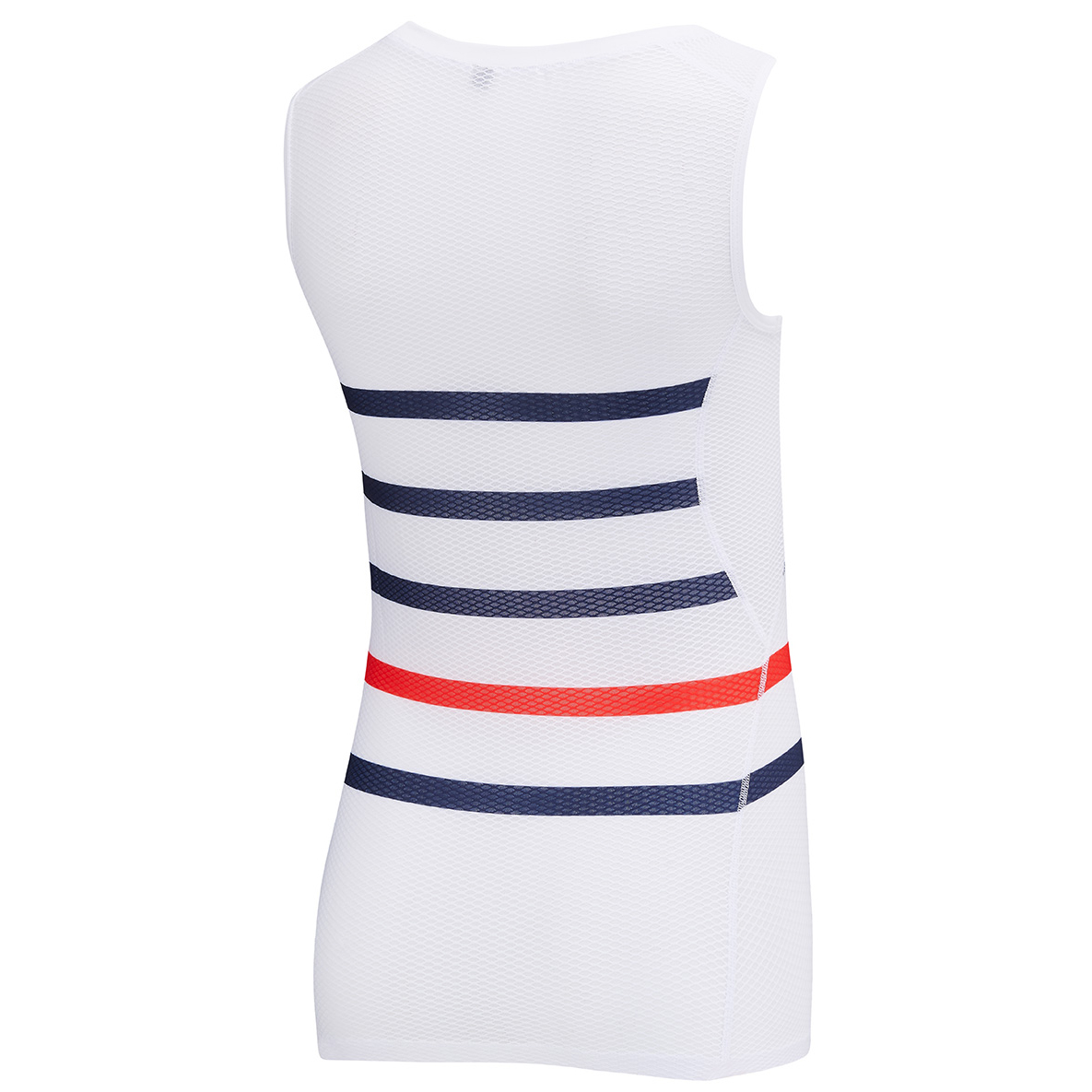 Rear view of Stolen Goat women's Vulcan white mesh cycling base layer with navy and red breton stripes