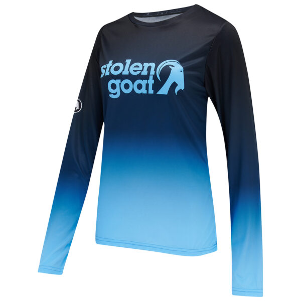 Stolen Goat Zion long-sleeved mountain bike jersey navy blue to light blue gradient fade with light blue central stolen goat logo