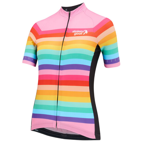 Stolen Goat women's arcadia pink and rainbow stripe cycling jersey with black side panels