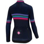 Rear view of Stolen Goat Blast women's long sleeved cycling jersey navy with pink green blue and purple toned block stripe across the chest and above the elbows