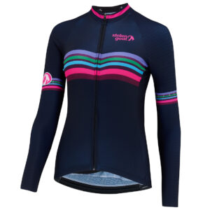 Stolen Goat Blast women's long sleeved cycling jersey navy with pink green blue and purple toned block stripe across the chest and above the elbows
