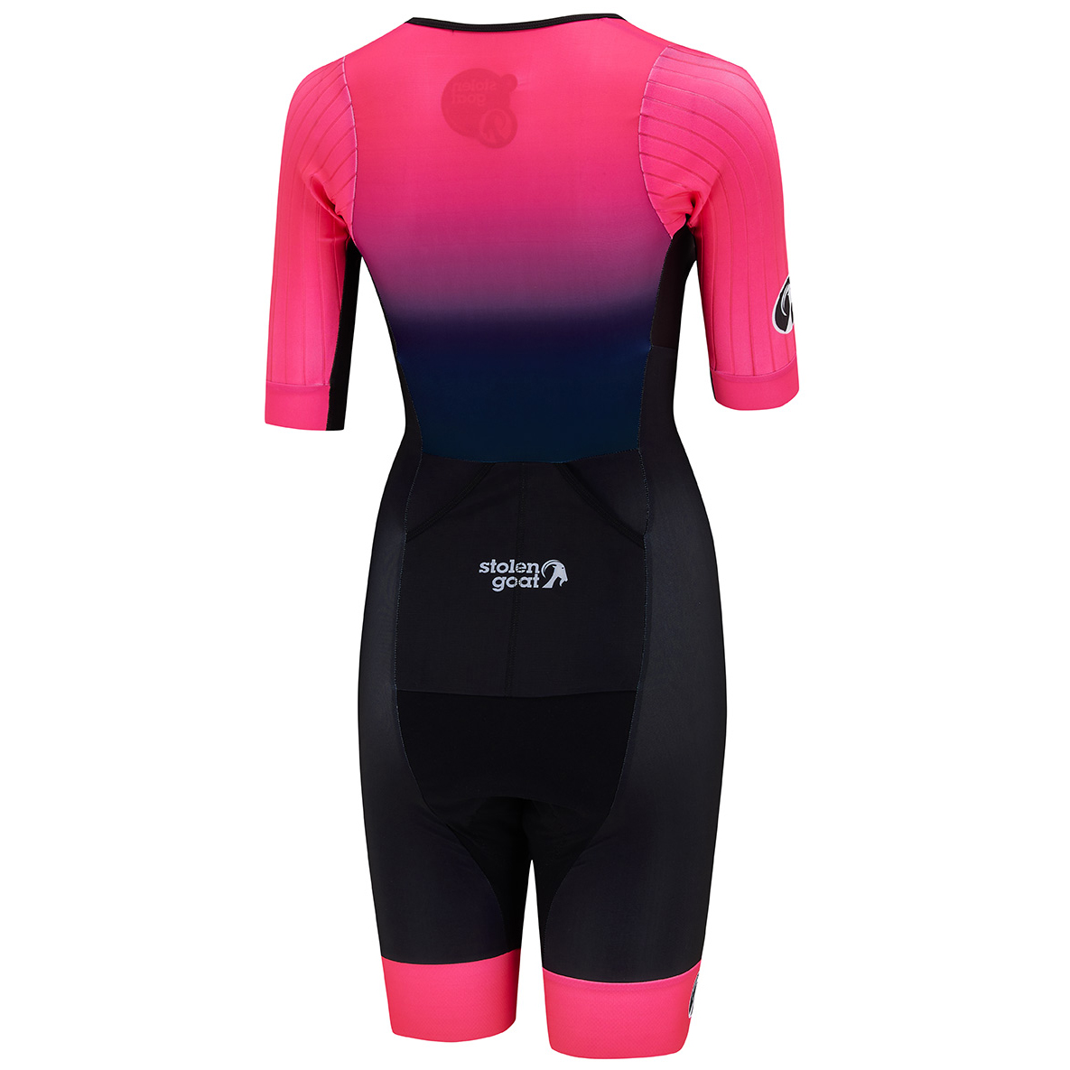 Rear view of Stolen Goat women's Dodge short sleeved triathlon race suit bright pink to black gradient fade with bright pink leg grippers