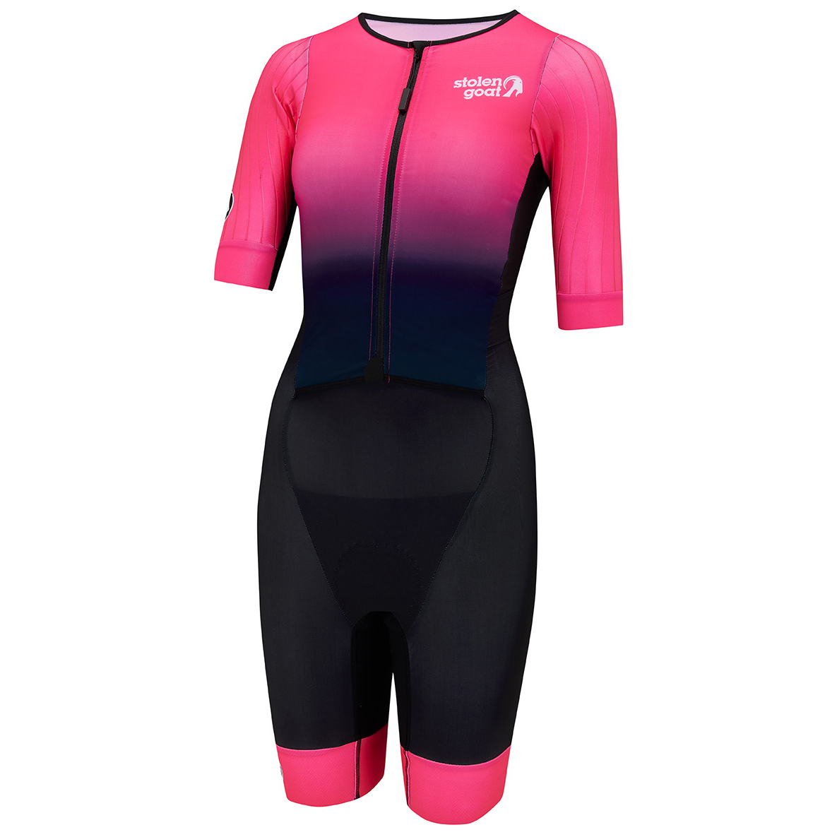 Stolen Goat women's Dodge short sleeved triathlon race suit bright pink to black gradient fade with bright pink leg grippers