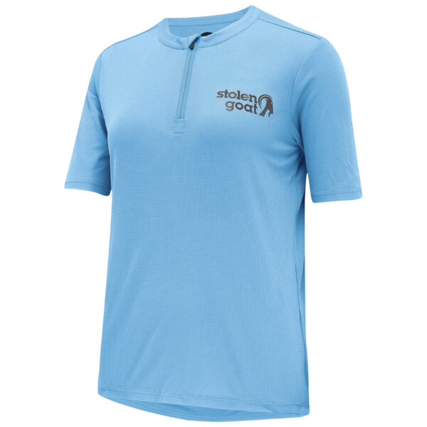 Stolen Goat light blue women's gravel jersey technical tee style with half zip neck and stolen goat logo at the chest