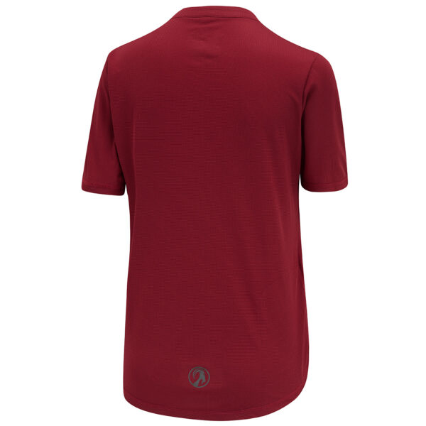 Rear view of women's maroon gravel jersey - short-sleeved dark red t-shirt construction with small zipped pocket and round goat head logo