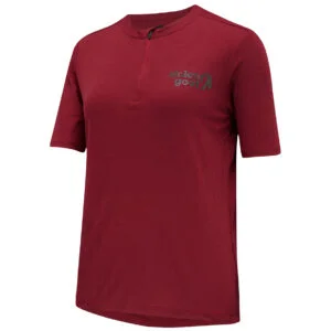 Front view of women's maroon gravel jersey - short-sleeved dark red t-shirt construction with half zip neck and subtle stolen goat logo