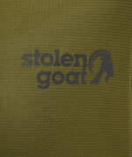 Close up of Stolen Goat logo on women's olive green gravel jersey