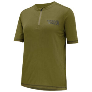 Stolen Goat women's olive gravel jersey technical tee style with half zip front and stolen goat logo at the chest