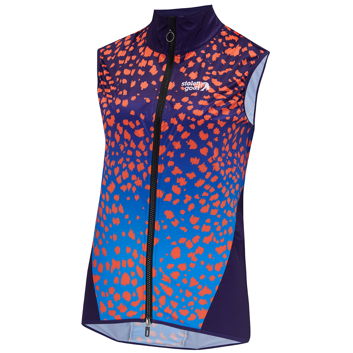 Stolen Goat women's strutter cycling gilet blue gradient with orange splat design