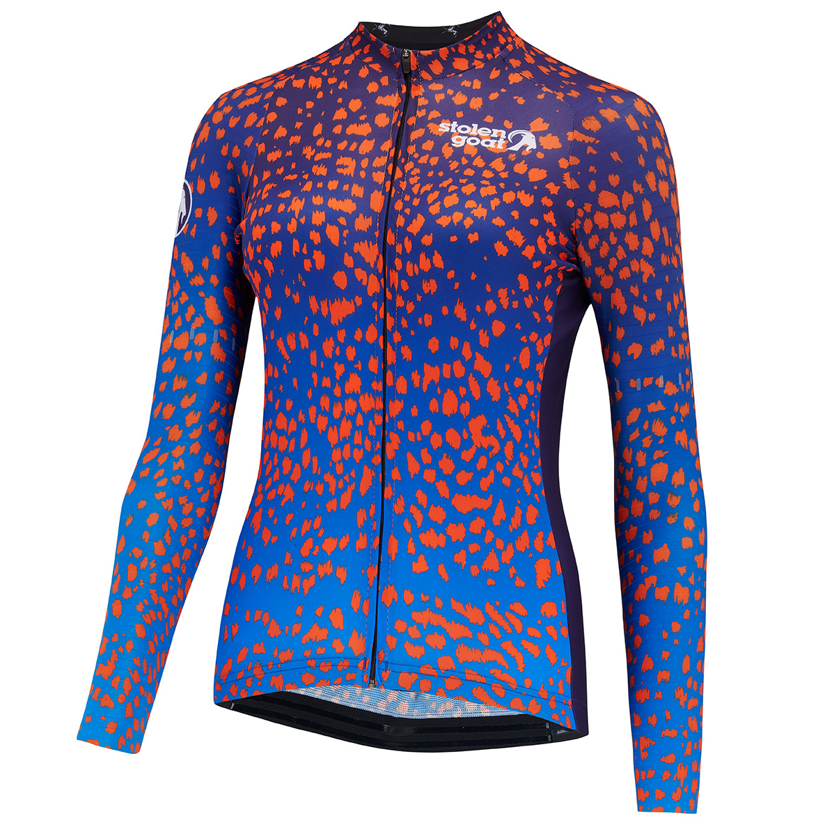 Stolen Goat women's strutter long sleeved cycling jersey blue gradient with orange splat design