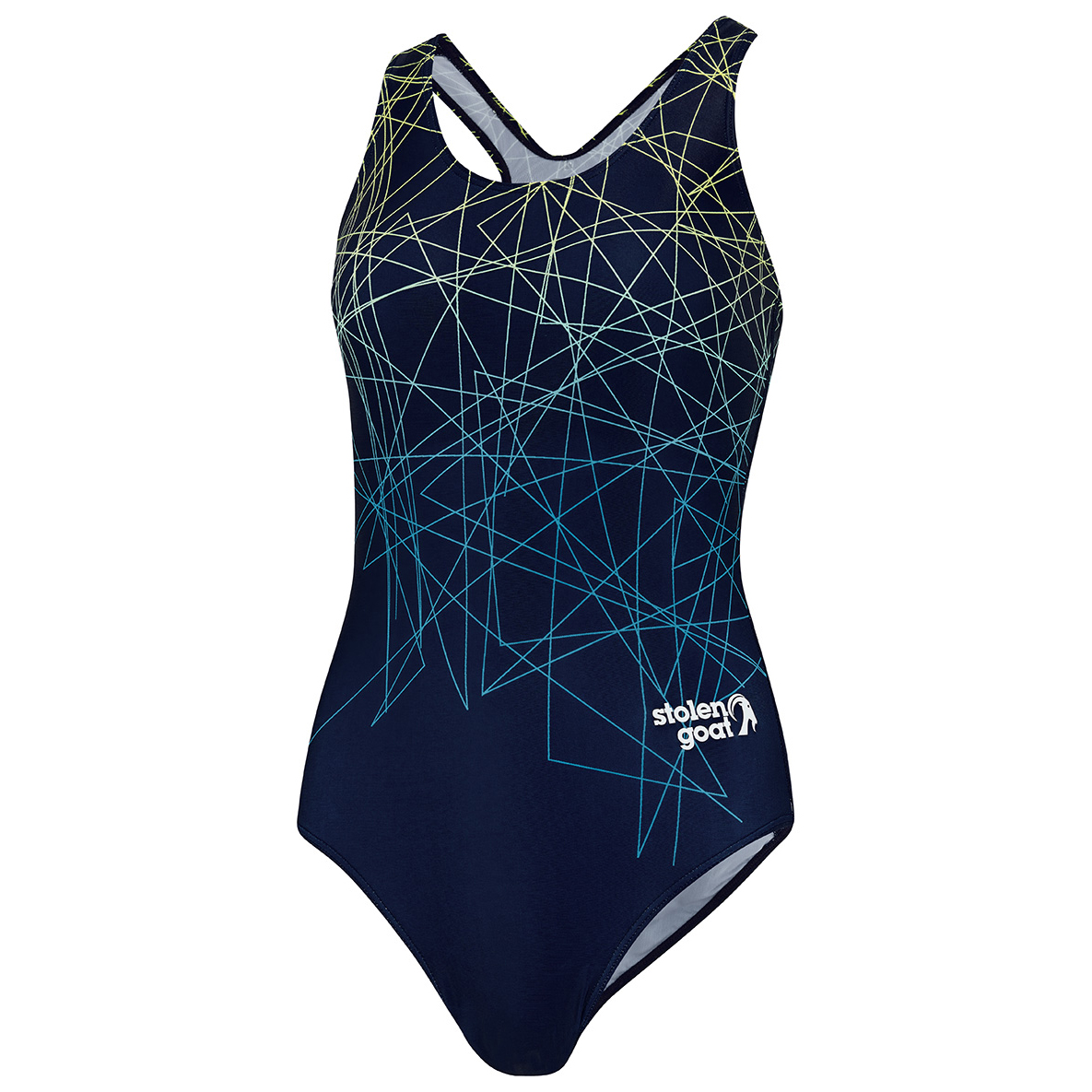 Stolen Goat Vortex navy women's swim suit with muscle back cut and green and blue linear design