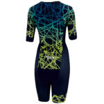 Rear view of Stolen Goat Vortex women's short sleeved triathlon suit navy with blue and lime linear graphic print