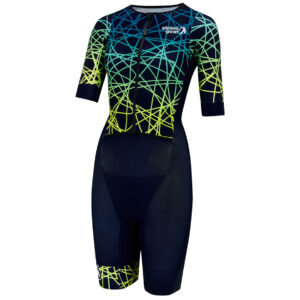 Stolen Goat Vortex women's short sleeved triathlon suit navy with blue and lime linear graphic print