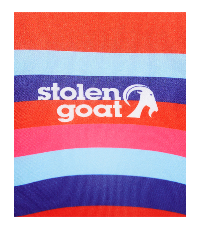 Close up of front logo on Stolen Goat women's kenickie jersey