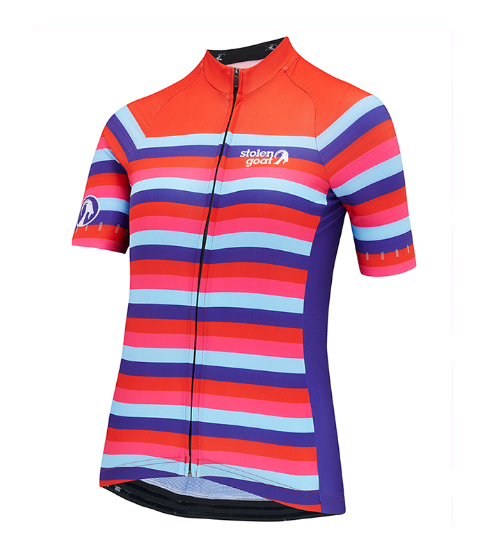 Front view of Stolen Goat Kenickie short sleeved cycling jersey red with blue purple and pink stripes