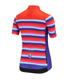 Rear view of Stolen Goat Kenickie short sleeved cycling jersey red with blue purple and pink stripes