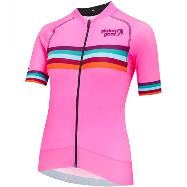 Stolen Goat misty epic jersey bright pink with rainbow block stripe