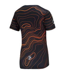 Stolen Goat women's Topo mountain bike jersey black short sleeved jersey with orange topographical design - rear view