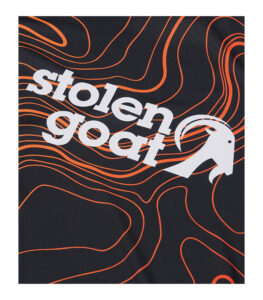 Close up of Stolen Goat logo on topo mtb jersey