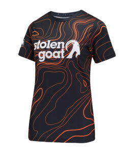 Stolen Goat women's Topo mountain bike jersey black short sleeved jersey with orange topographical design and white central stolen goat logo