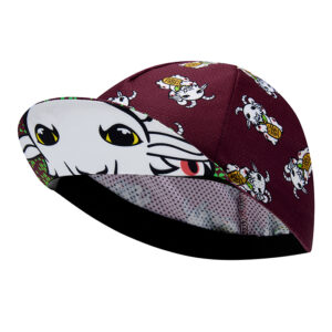 Stolen Goat Moshi cycling cap dark burgundy with goat face on inside of peak and all over japanese inspired waving goat design
