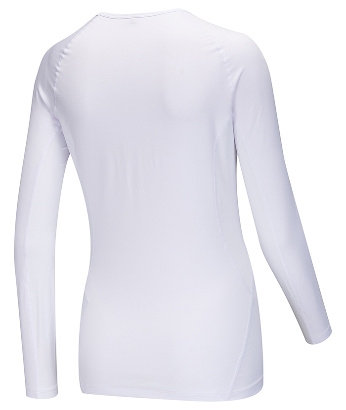 Rear view of women's white Kiko long sleeve thermal base layer