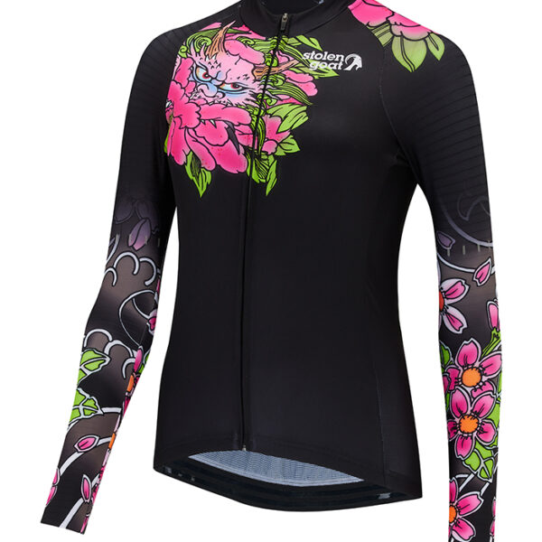Women's Sakura long sleeved lightweight cycling jersey black with pink cherry blossom and folklore character design