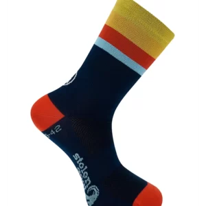 Iowa cycling socks navy with yellow, orange red and light blue striped band and red heel and toe.