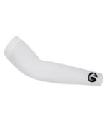 stolen goat white ibex arm warmers with black goat head logo at wrist
